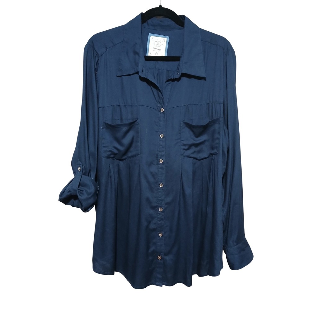 Style & Co Woman Navy Blue Button Down Roll Tab Sleeve Blouse Top 2X Rayon